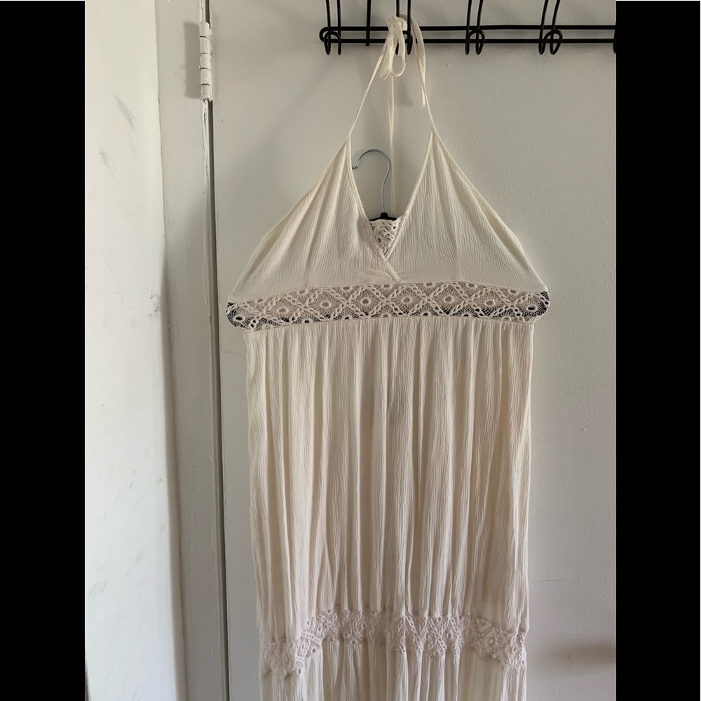 White lace full length halter maxi dress